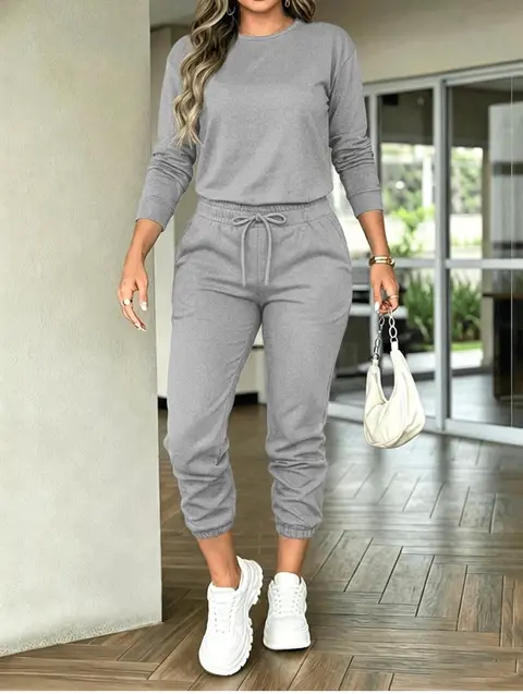 1 / 5 Conjunto de camiseta de manga larga y pantalones deportivos para mujer, cuello redondo, traje casual de dos piezas, chándal con cordón en la cintura · Gris
