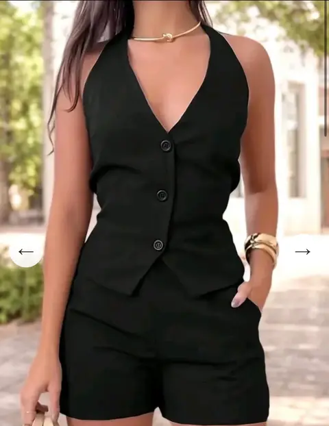 Conjunto de 2 piezas para mujer con top sin mangas de cuello en V y shorts, con cierre de botón y cremallera, elegante conjunto de moda casual de verano · Negro