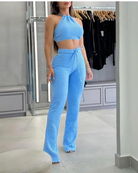Conjunto deportivo de 2 piezas de punto gofre para mujer, sexy, sin espalda, con lazo, camiseta sin mangas y pantalones de cintura alta con cordón · Celeste