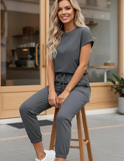 Conjunto deportivo de dos piezas para mujer, manga corta, casual, cintura elástica, conjunto de pantalones deportivos para oficina en casa · Plomo