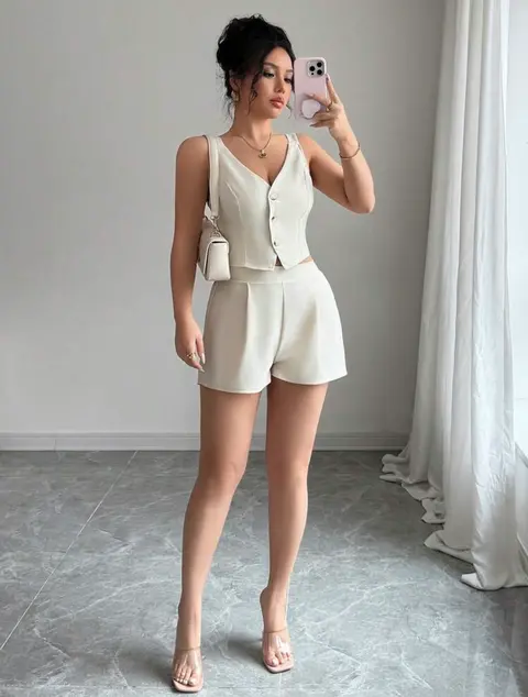 Conjunto de 2 piezas para mujer, con top de cierre a presión y abertura en borde + shorts en unicolor simple de estilo casual y de diario · Crema