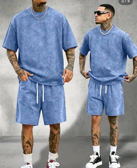 Conjunto de 2 piezas de camiseta de manga corta de algodón vintage lavado de verano para hombre, simple, casual, vacaciones, deportes, fitness · Azul cielo