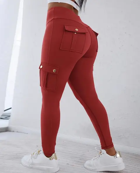 Leggings de cintura alta con levantamiento de glúteos con bolsillos con solapa, control de abdomen para entrenamiento · Rojo