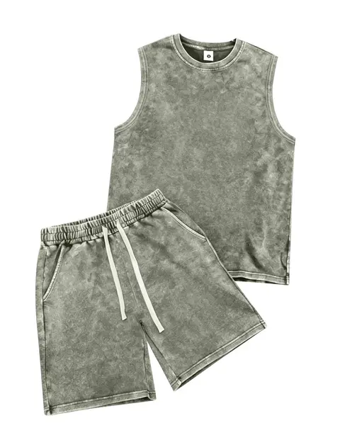 Conjunto de 2 piezas de camiseta sin mangas vintage de algodón lavado para hombre, estilo casual, deportivo, atlético, fitness · Plomo claro