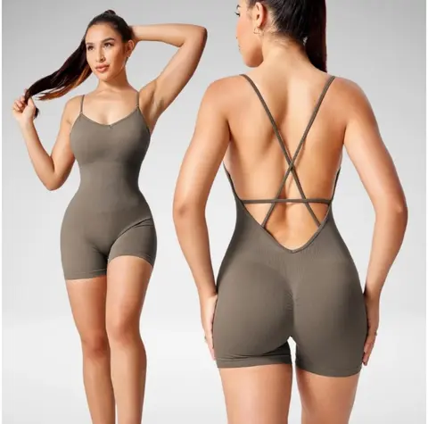 Overol de yoga para mujer, enterizo de entrenamiento con espalda en V para mujer, sin costuras, de una pieza, con control de abdomen · Gris