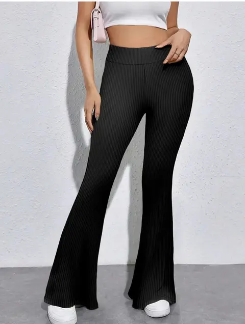 Pantalones acampanados diarios para mujer, cintura alta, material acanalado · Negro