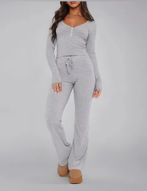 Conjunto de pijama de 2 piezas para mujer, sexy, manga larga, casual, cuello en V · Gris claro