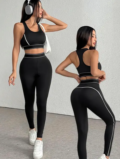 Conjuntos de entrenamiento para mujer, conjunto de ropa deportiva de 2 piezas, camiseta corta y leggings de cintura alta · Negro