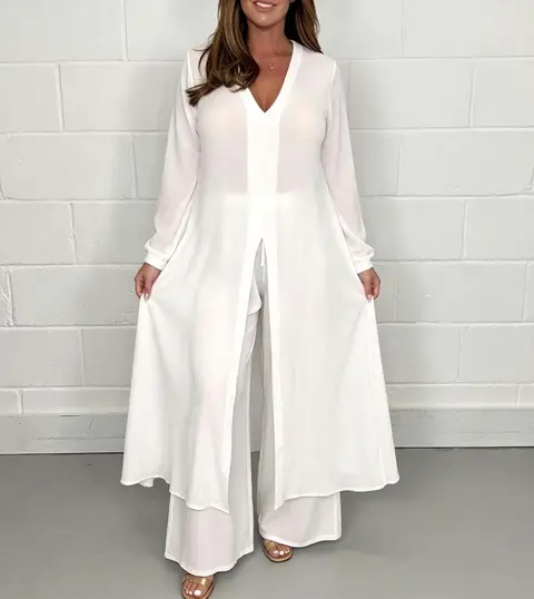 Conjunto de Lino de Dos Piezas Trajes de 2 Piezas de Manga Larga Top y Pantalones de Algodón Lino de Moda Informal para Mujer Pantalones de Pierna Ancha · Blanco