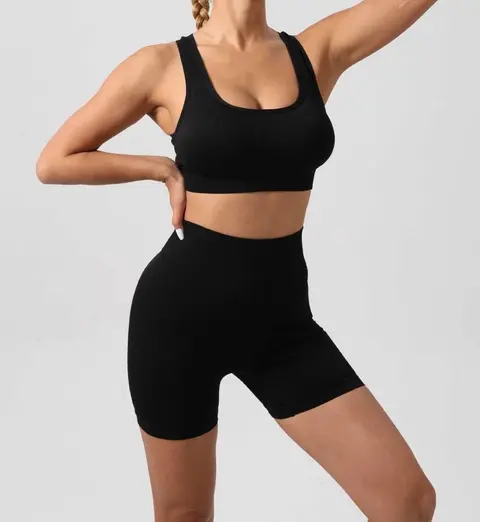 Conjunto de yoga de punto sin costuras de 2 piezas para mujer, camiseta deportiva con espalda cruzada y pantalones cortos de cintura alta, foto 1