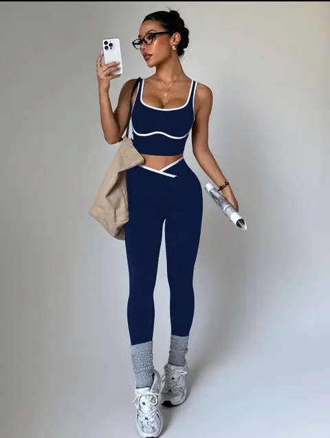 Conjunto deportivo sin costuras con bloques de color para mujer · Azul