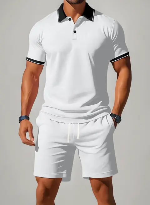 Polo corto de algodón de verano para hombre, juego de 2 piezas, de moda, casual, día festivo, playa, deportes · Blanco