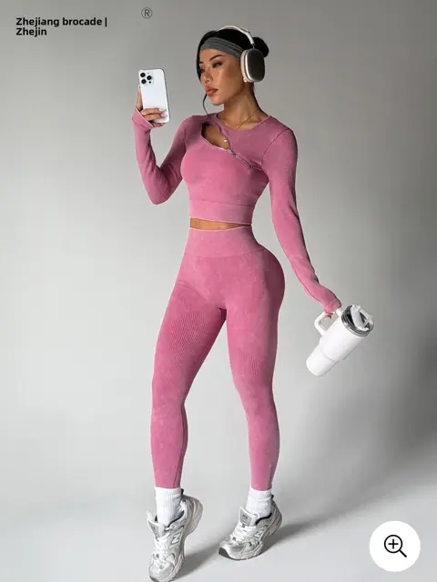 Conjunto deportivo de top corto con cremallera sexy y leggings ajustados para mujer · Rosado