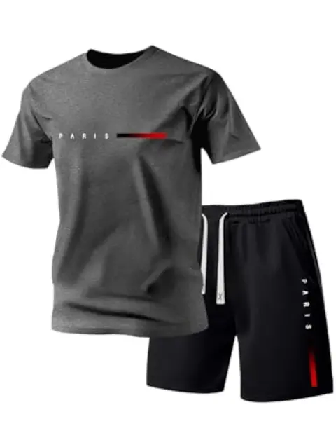 Conjunto de 2 piezas de camiseta ligera de manga corta con estampado de letras de París para hombre, simple, a la moda, casual, vacaciones, deportes · Negro gris