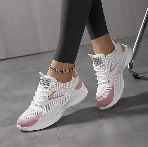 Zapatillas de correr para mujer, con cordones, para caminar, tenis de moda, transpirables, ligeras, para entrenamiento, correr, fitness · Rosa