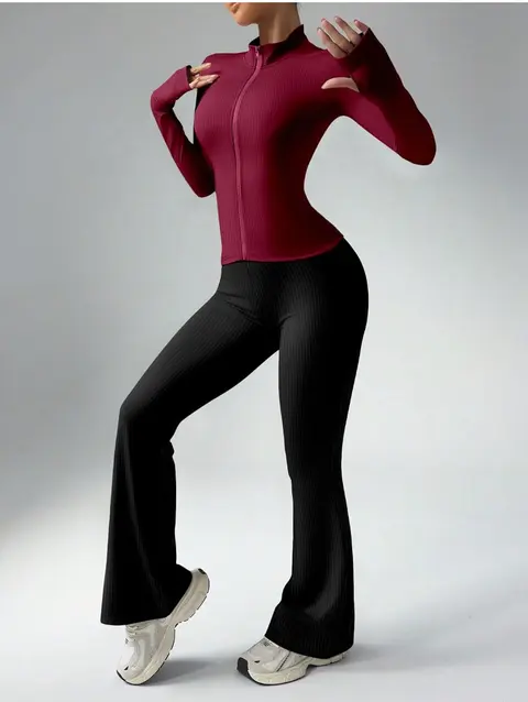 Conjunto deportivo de 2 piezas para mujer, con cremallera completa, pantalones de entrenamiento, conjuntos de chándal a juego · Borgoña y negro